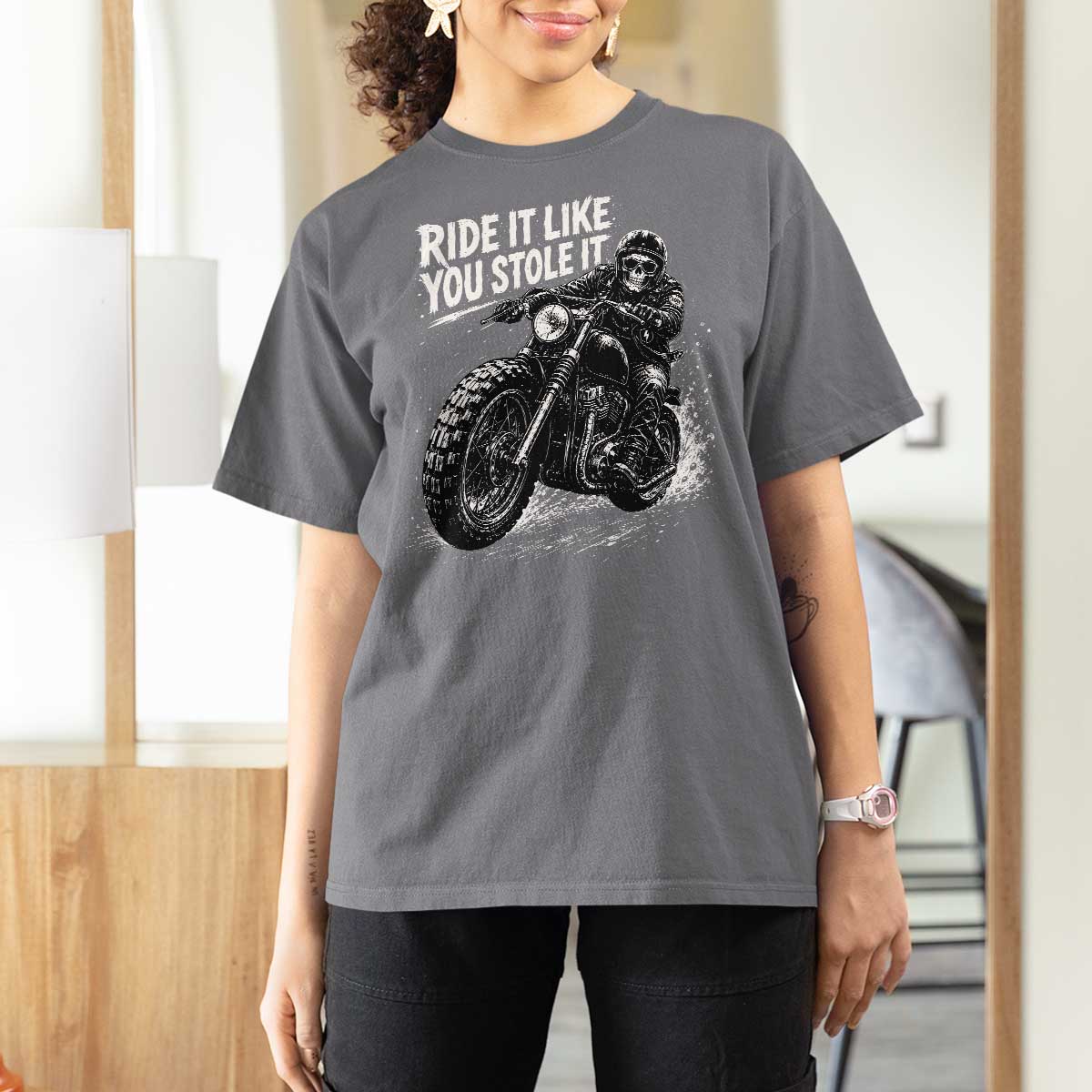 Ride It Like You Stole It Skeleton Rider Vintage Motorcycle Graphic T Shirt For Women Biker Enthusiasts