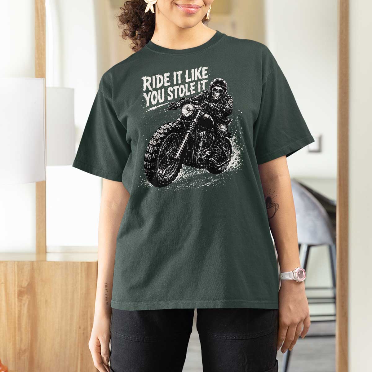 Ride It Like You Stole It Skeleton Rider Vintage Motorcycle Graphic T Shirt For Women Biker Enthusiasts