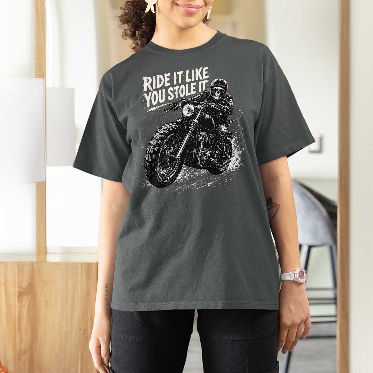 Ride It Like You Stole It Skeleton Rider Vintage Motorcycle Graphic T Shirt For Women Biker Enthusiasts