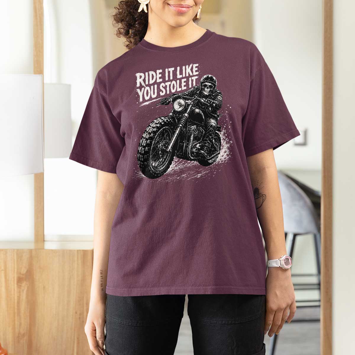 Ride It Like You Stole It Skeleton Rider Vintage Motorcycle Graphic T Shirt For Women Biker Enthusiasts
