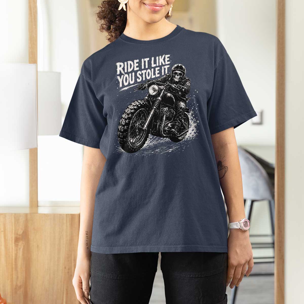 Ride It Like You Stole It Skeleton Rider Vintage Motorcycle Graphic T Shirt For Women Biker Enthusiasts