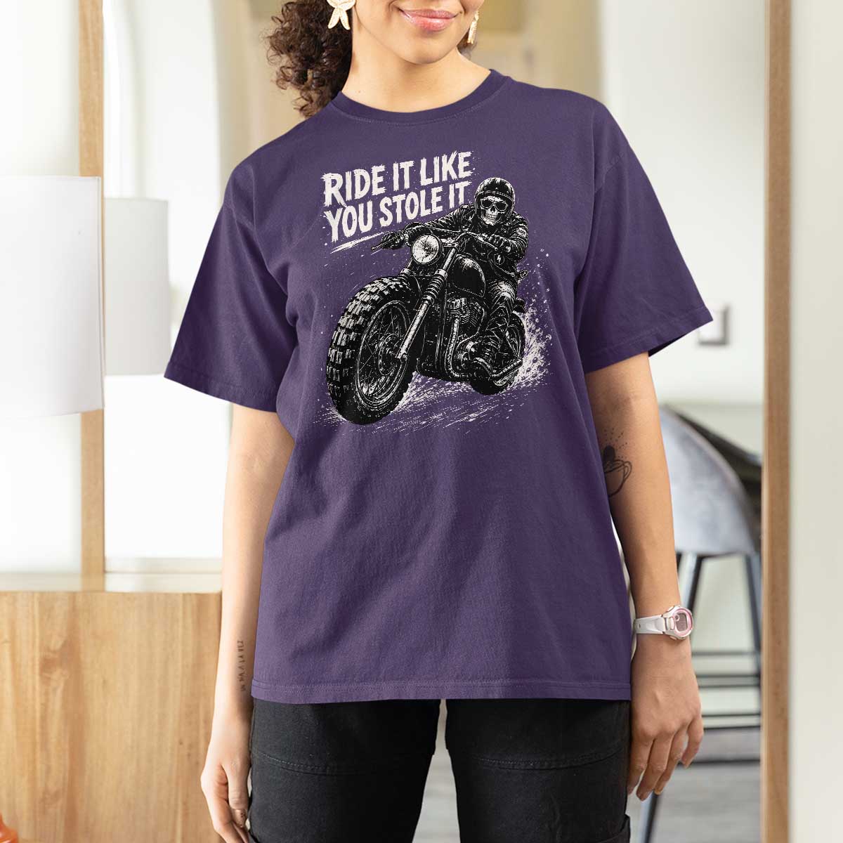 Ride It Like You Stole It Skeleton Rider Vintage Motorcycle Graphic T Shirt For Women Biker Enthusiasts