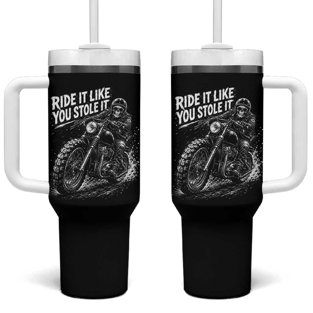 Ride It Like You Stole It Skeleton Rider Vintage Motorcycle Graphic Tumbler With Handle Biker Enthusiasts