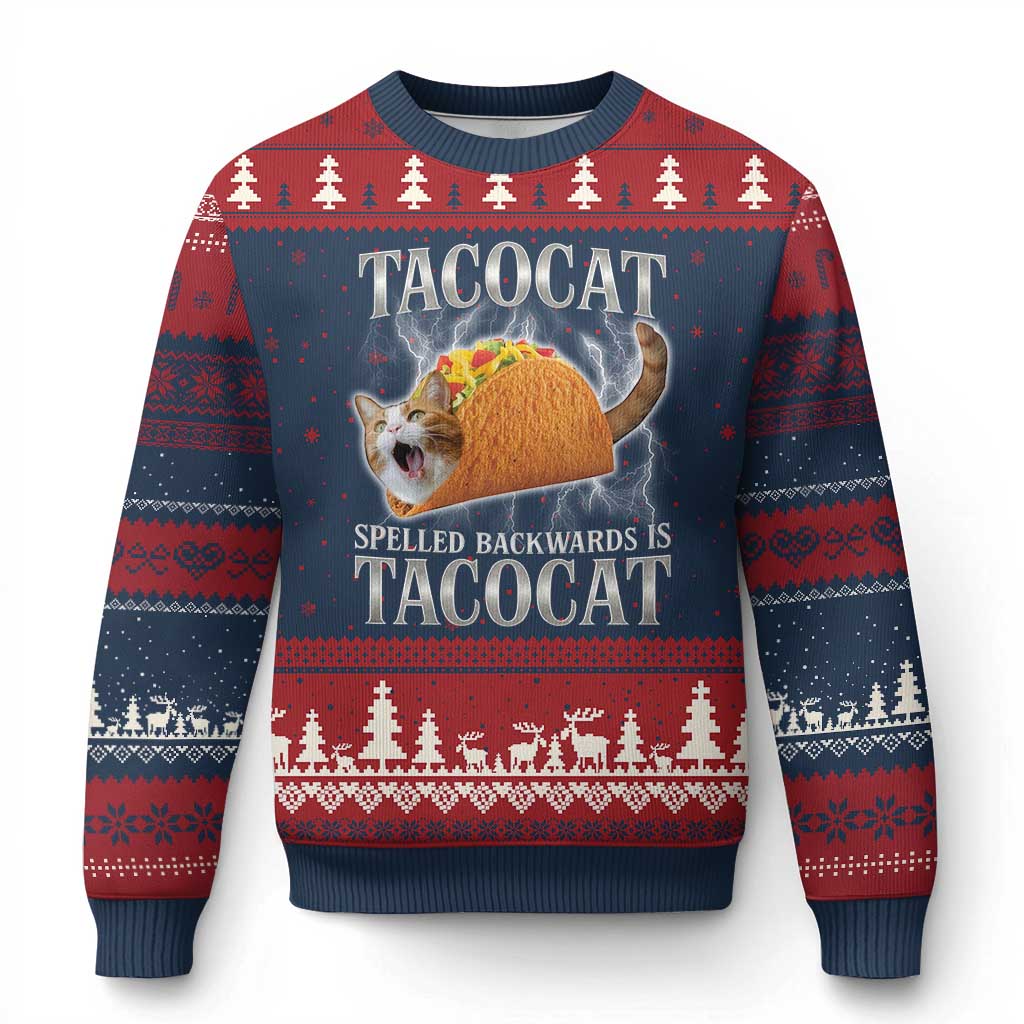 Tacocat Spelled Backwards Is Tacocat Ugly Christmas Sweater Funny Cat Gift 90s Bootleg - Wonder Print Shop