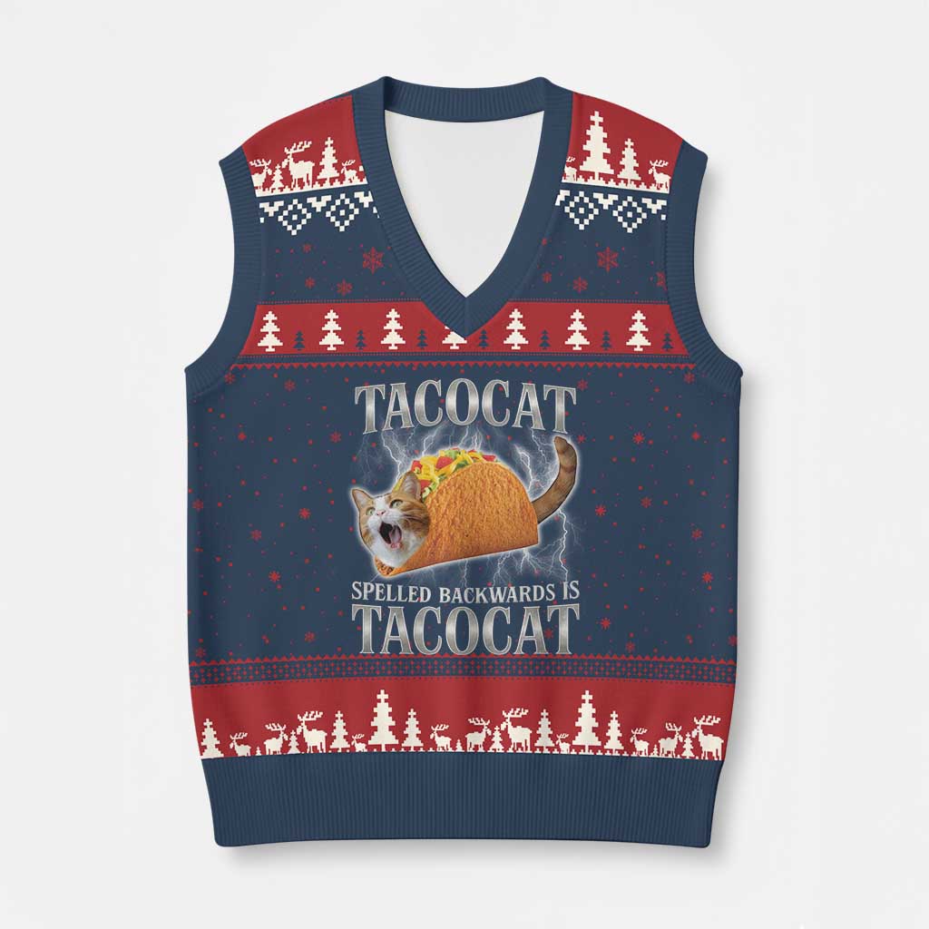 Tacocat Spelled Backwards Is Tacocat V-Neck Knit Sweater Vest Funny Cat Gift 90s Bootleg - Wonder Print Shop