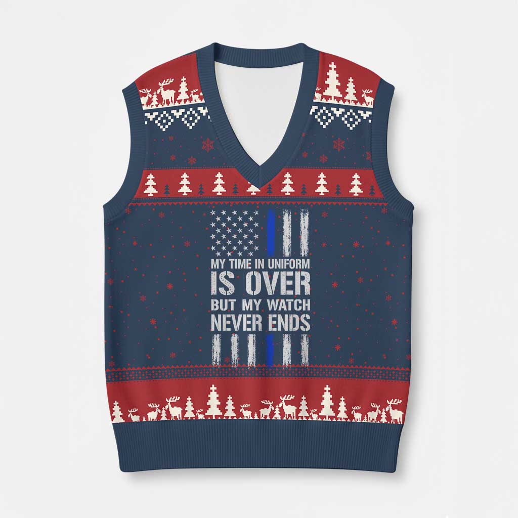 Police Retirement V-Neck Knit Sweater Vest My Time In Uniform Is Over USA Flag Retied Officer Gifts