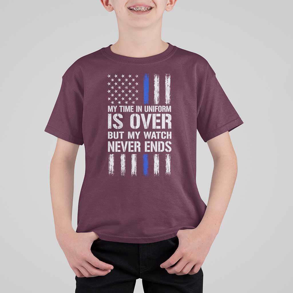 Police Retirement T Shirt For Kid My Time In Uniform Is Over USA Flag Retied Officer Gifts