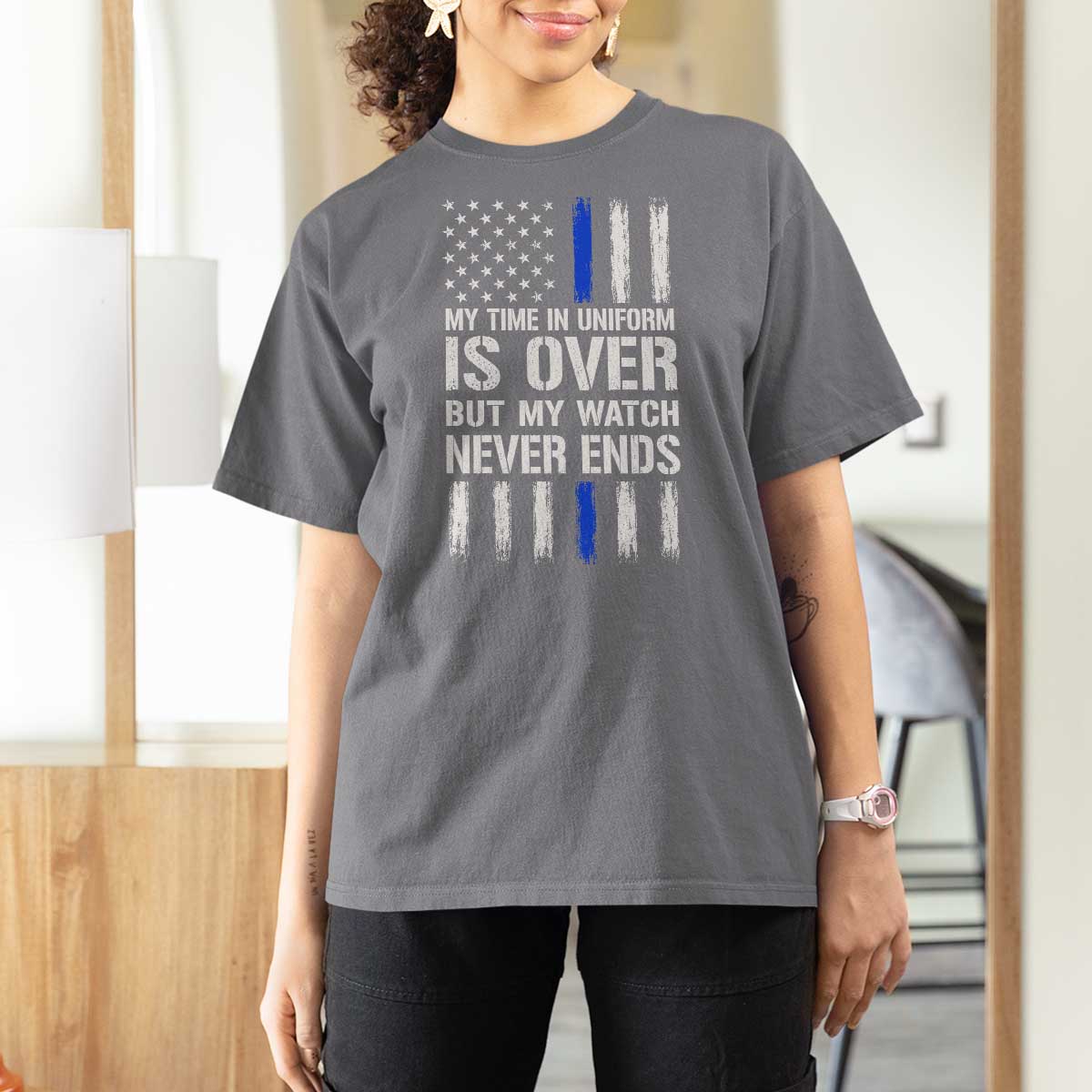 Police Retirement T Shirt For Women My Time In Uniform Is Over USA Flag Retied Officer Gifts