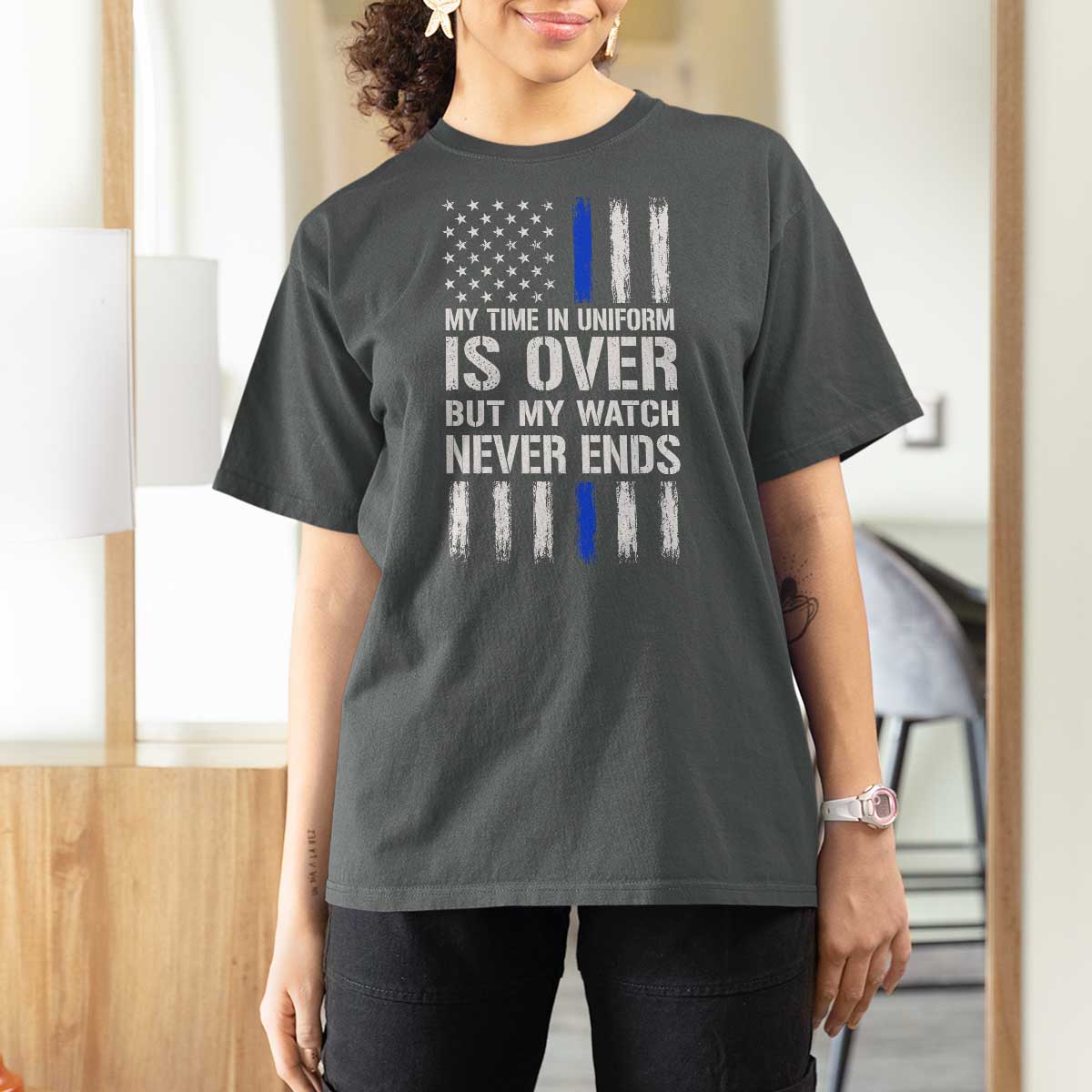 Police Retirement T Shirt For Women My Time In Uniform Is Over USA Flag Retied Officer Gifts