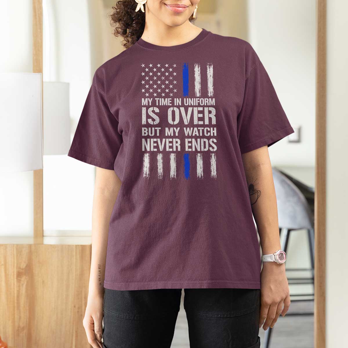 Police Retirement T Shirt For Women My Time In Uniform Is Over USA Flag Retied Officer Gifts