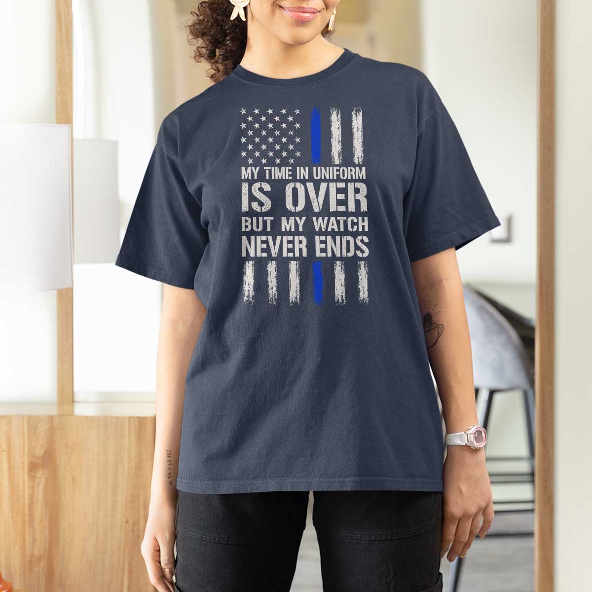 Police Retirement T Shirt For Women My Time In Uniform Is Over USA Flag Retied Officer Gifts