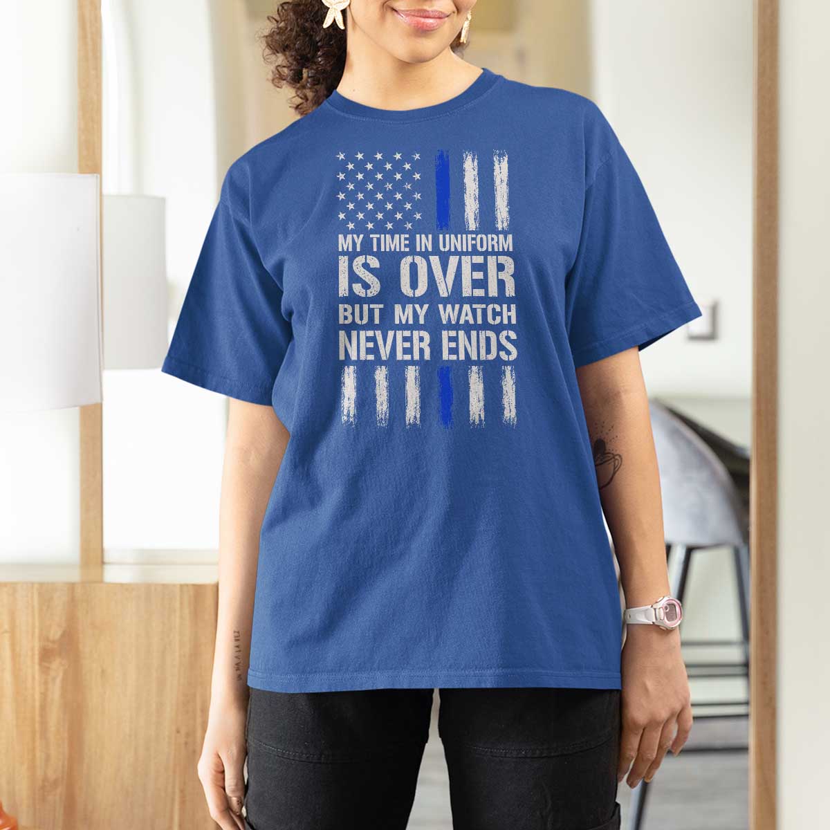 Police Retirement T Shirt For Women My Time In Uniform Is Over USA Flag Retied Officer Gifts