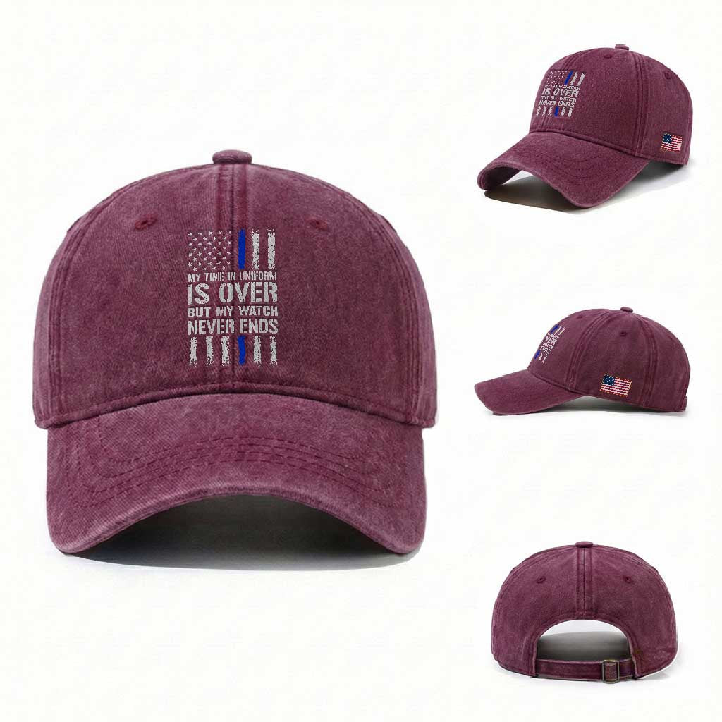 Police Retirement Washed Cotton Baseball Cap My Time In Uniform Is Over USA Flag Retied Officer Gifts