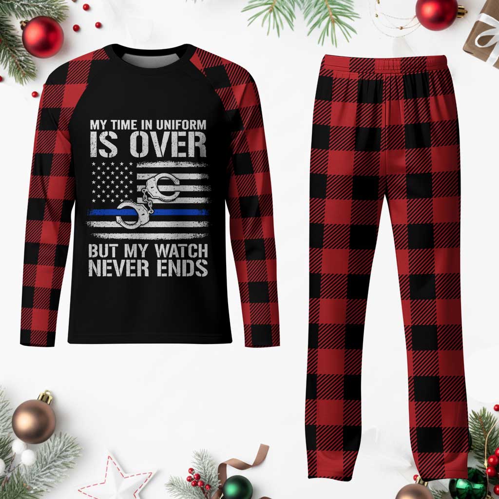 Police Retirement Plaid Pajama Set Handcuffs US Flag Retired Police Graphic