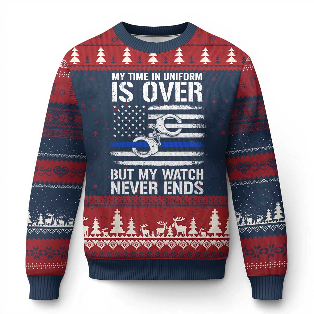 Police Retirement Ugly Christmas Sweater Handcuffs US Flag Retired Police Graphic