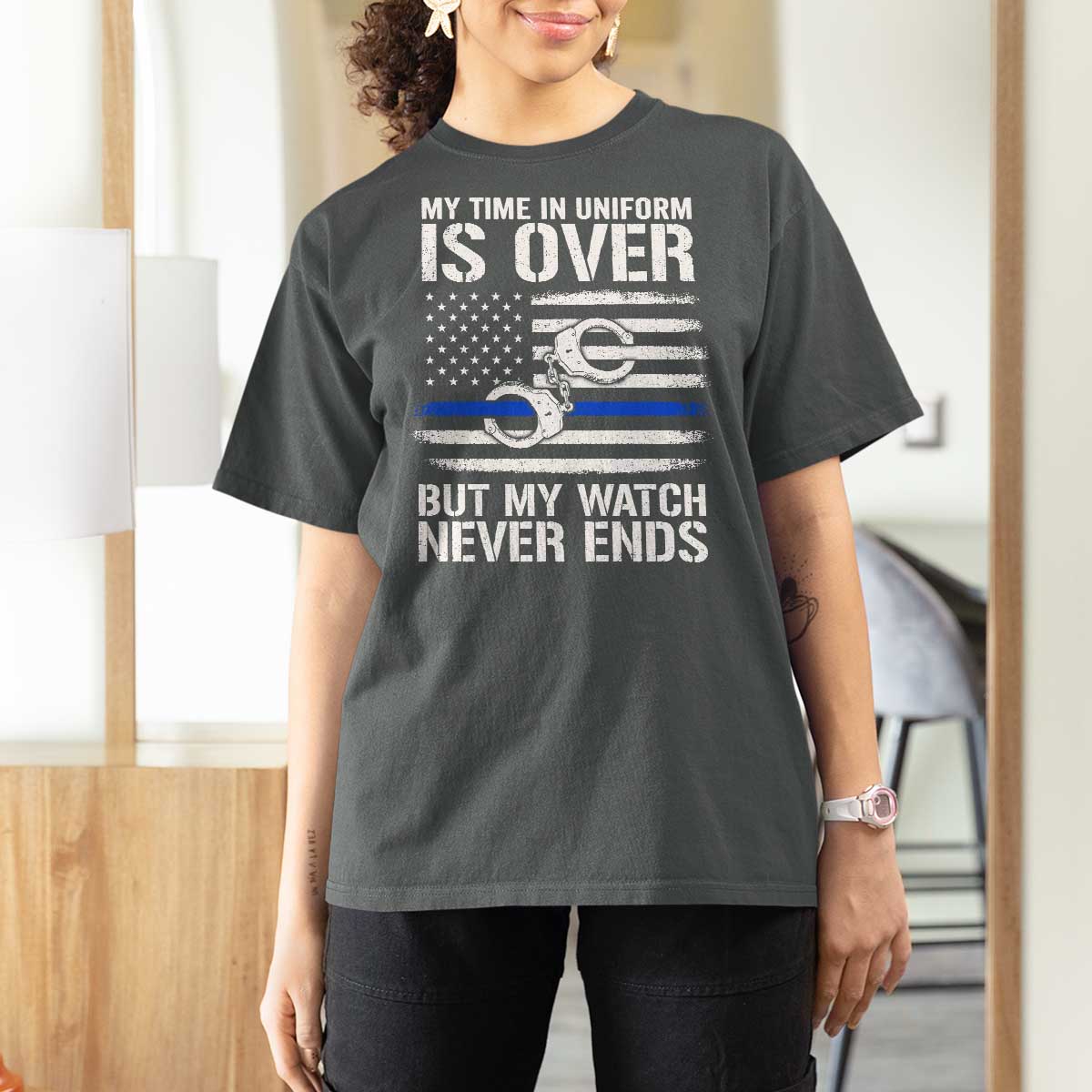 Police Retirement T Shirt For Women Handcuffs US Flag Retired Police Graphic