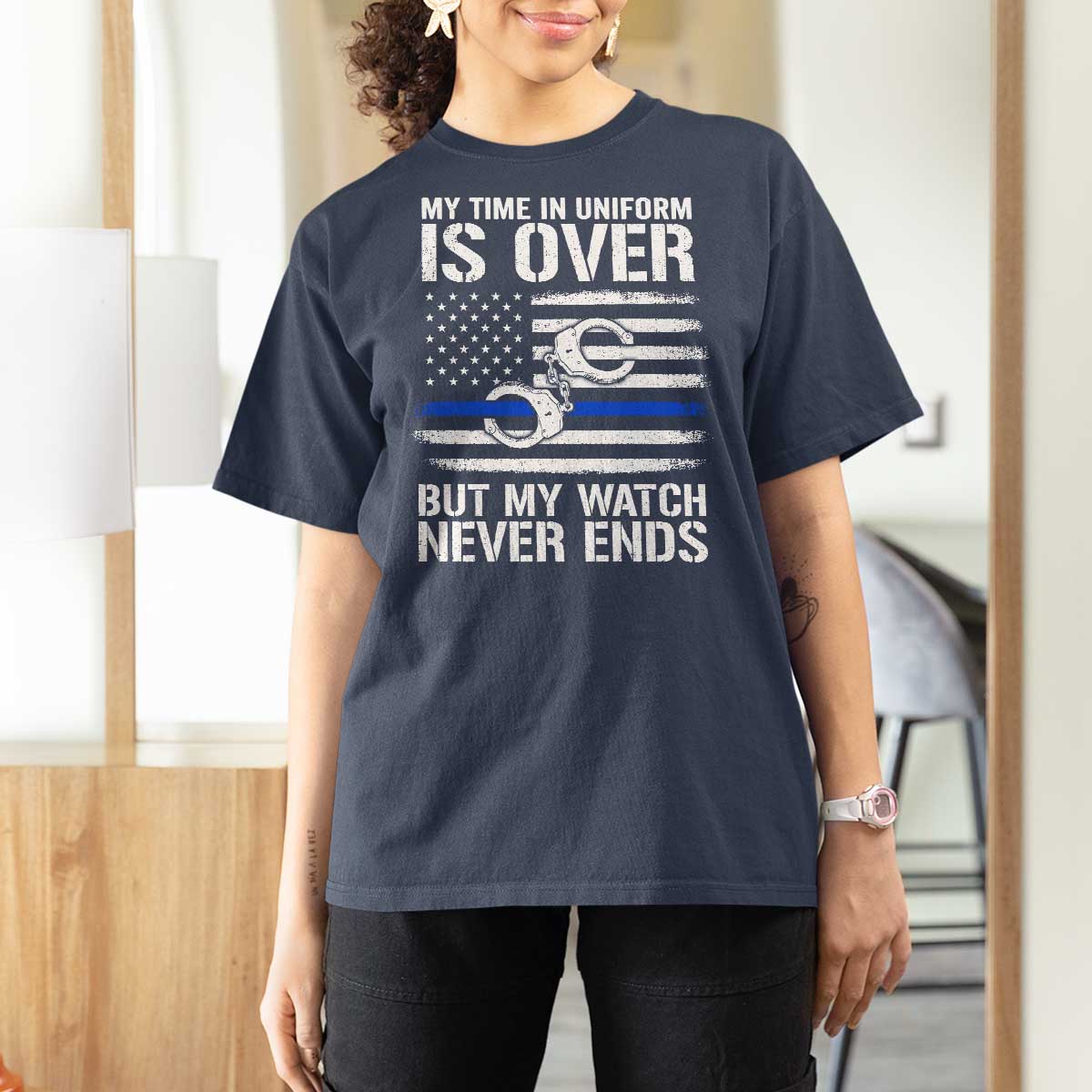 Police Retirement T Shirt For Women Handcuffs US Flag Retired Police Graphic