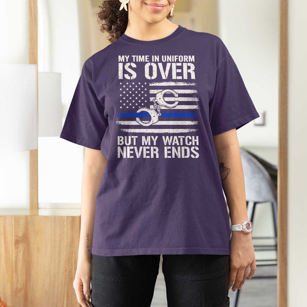 Police Retirement T Shirt For Women Handcuffs US Flag Retired Police Graphic