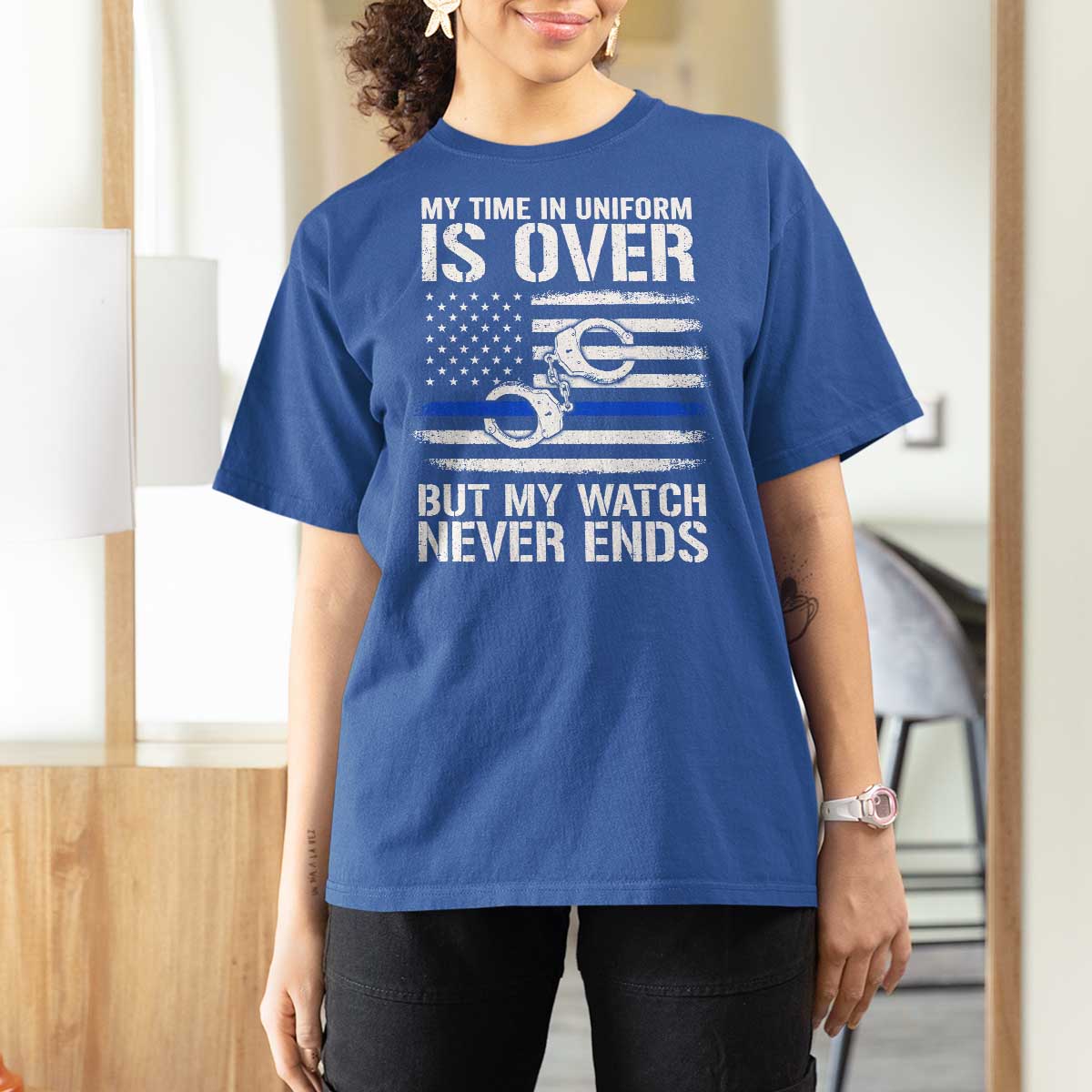 Police Retirement T Shirt For Women Handcuffs US Flag Retired Police Graphic