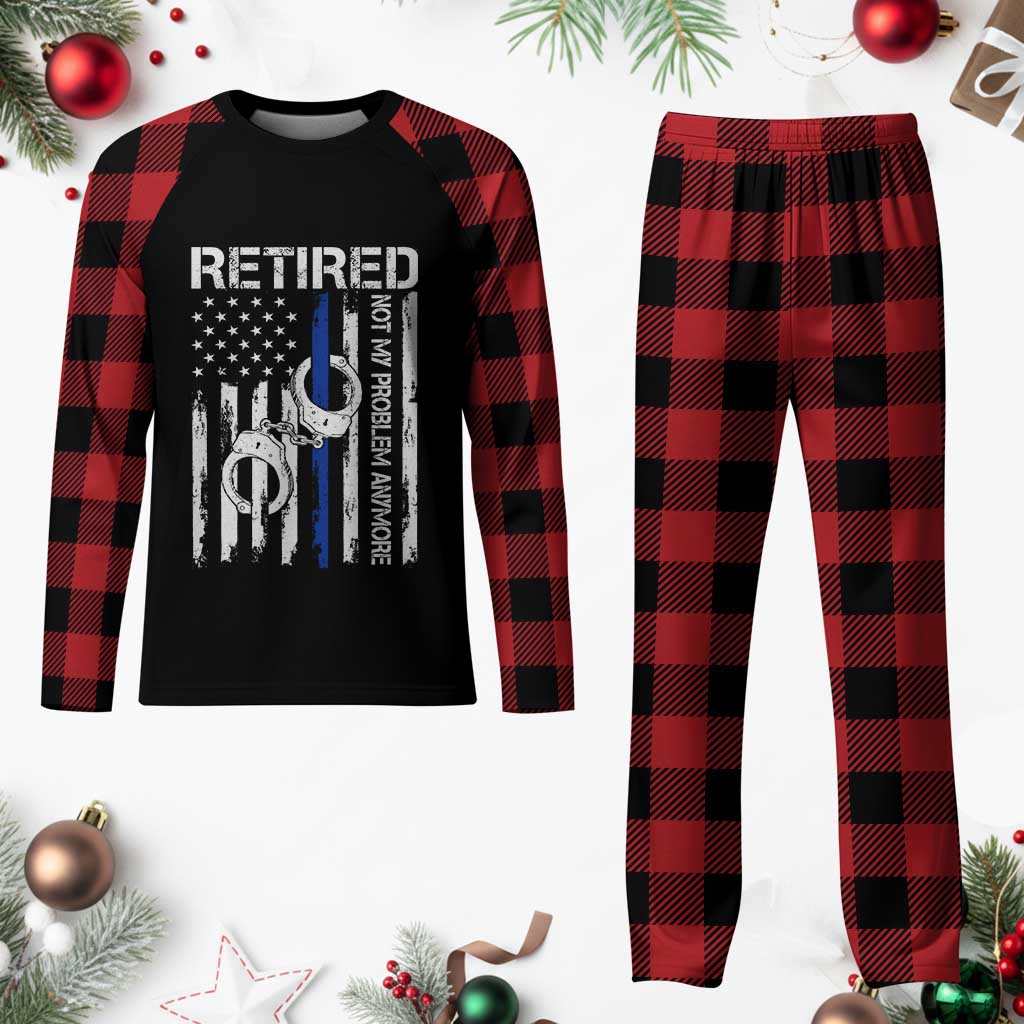 Police Retirement Plaid Pajama Set Retired Not My Problem Anymore Handcuffs US Flag Retired Police Graphic