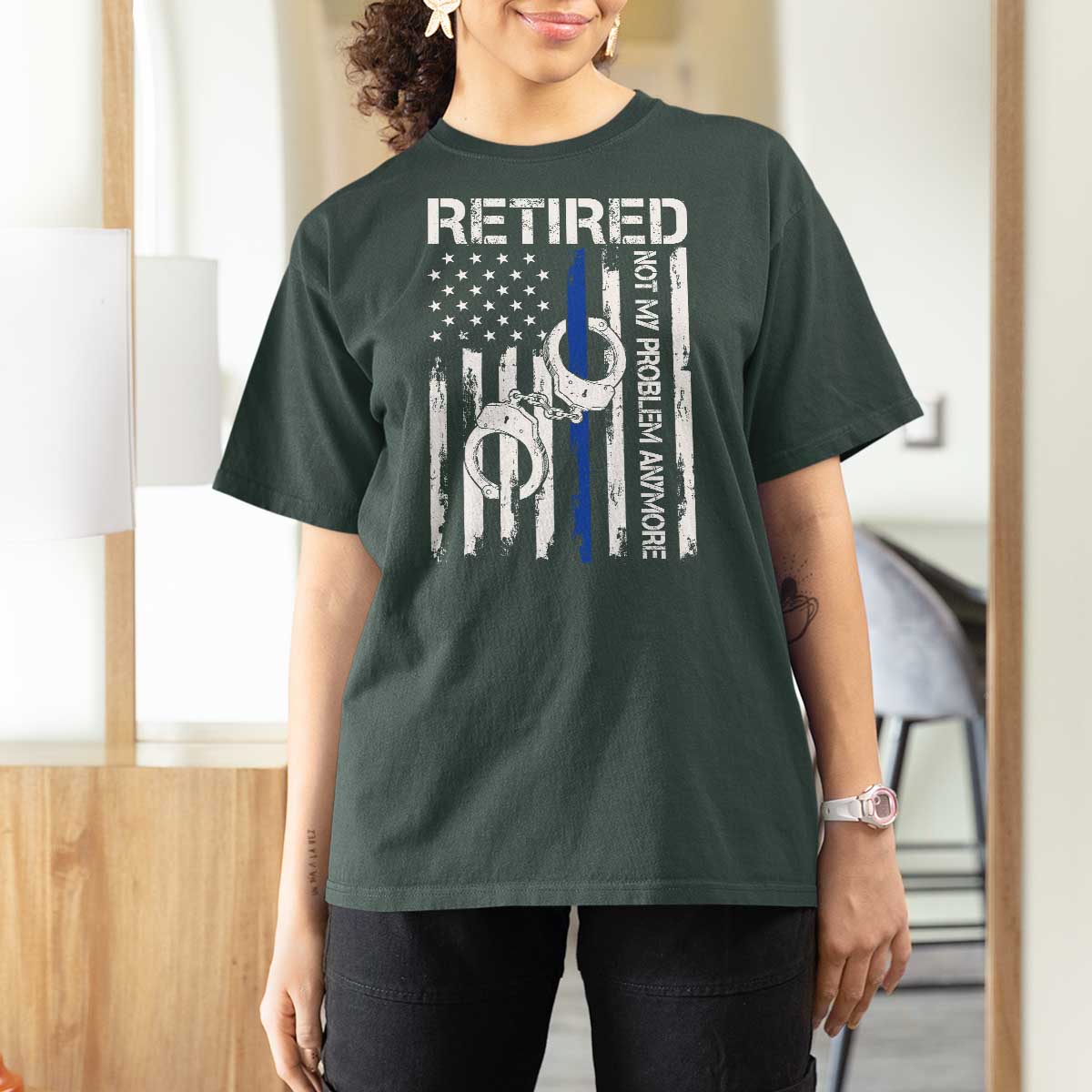 Police Retirement T Shirt For Women Retired Not My Problem Anymore Handcuffs US Flag Retired Police Graphic