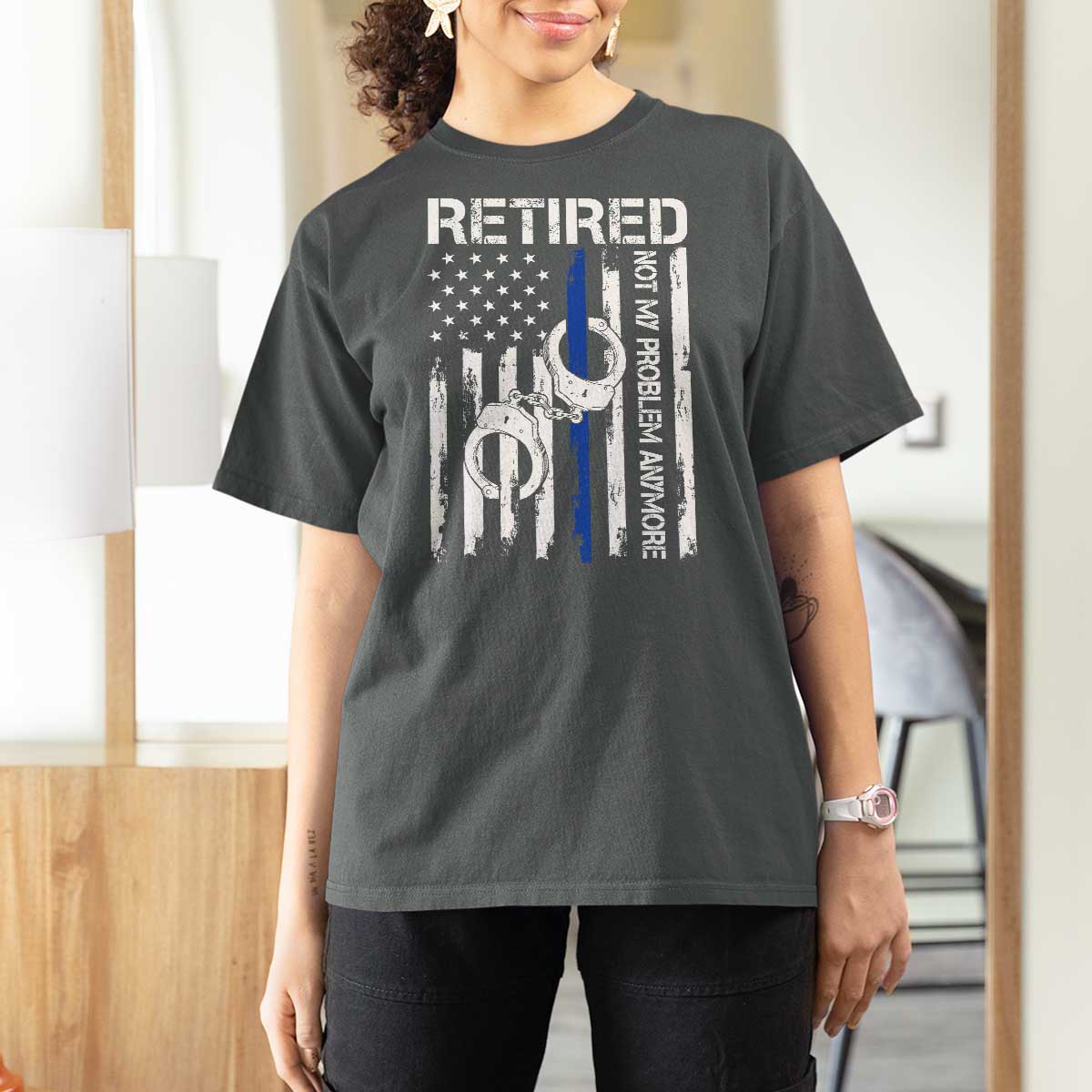Police Retirement T Shirt For Women Retired Not My Problem Anymore Handcuffs US Flag Retired Police Graphic