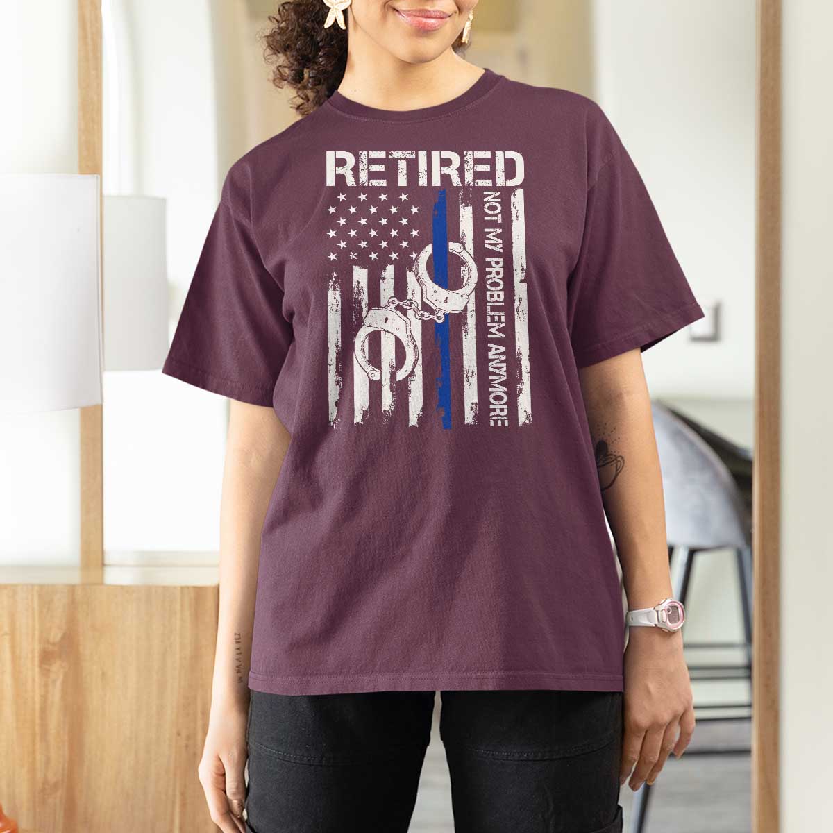 Police Retirement T Shirt For Women Retired Not My Problem Anymore Handcuffs US Flag Retired Police Graphic
