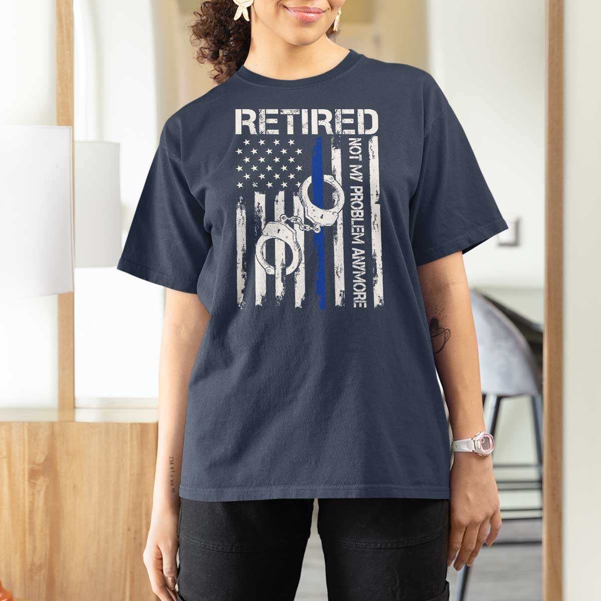 Police Retirement T Shirt For Women Retired Not My Problem Anymore Handcuffs US Flag Retired Police Graphic