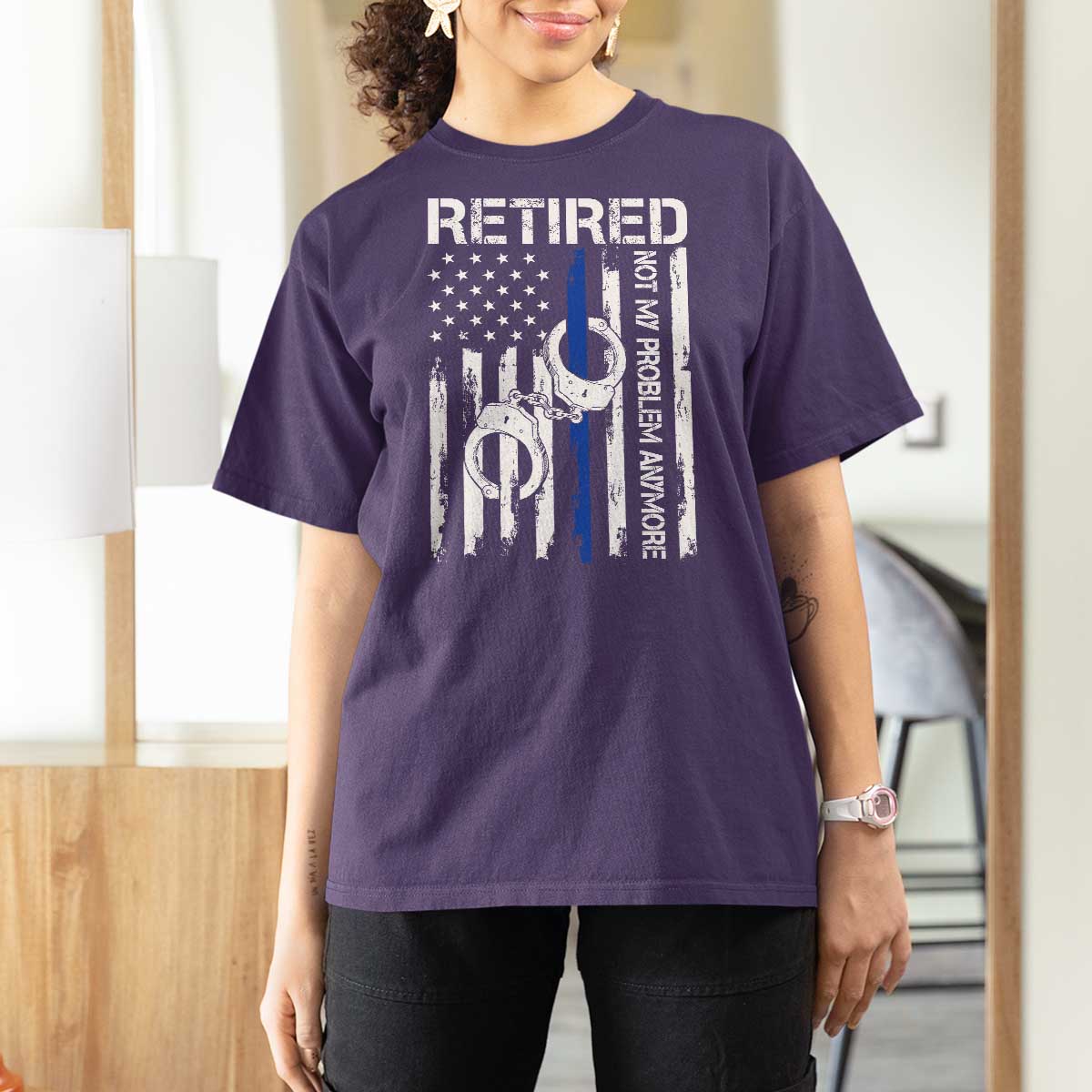 Police Retirement T Shirt For Women Retired Not My Problem Anymore Handcuffs US Flag Retired Police Graphic