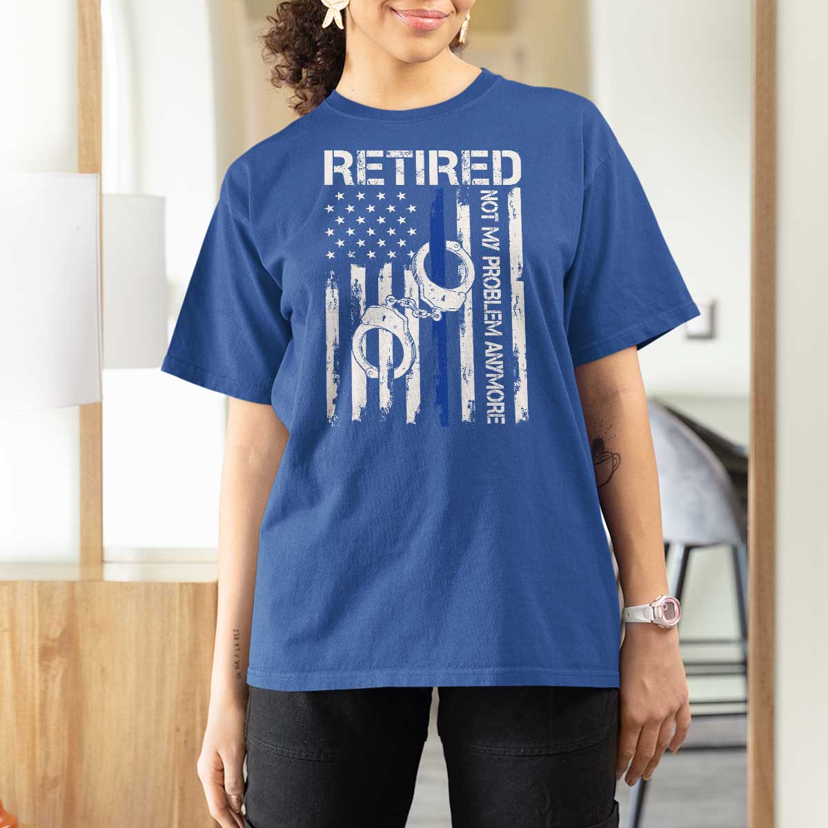 Police Retirement T Shirt For Women Retired Not My Problem Anymore Handcuffs US Flag Retired Police Graphic