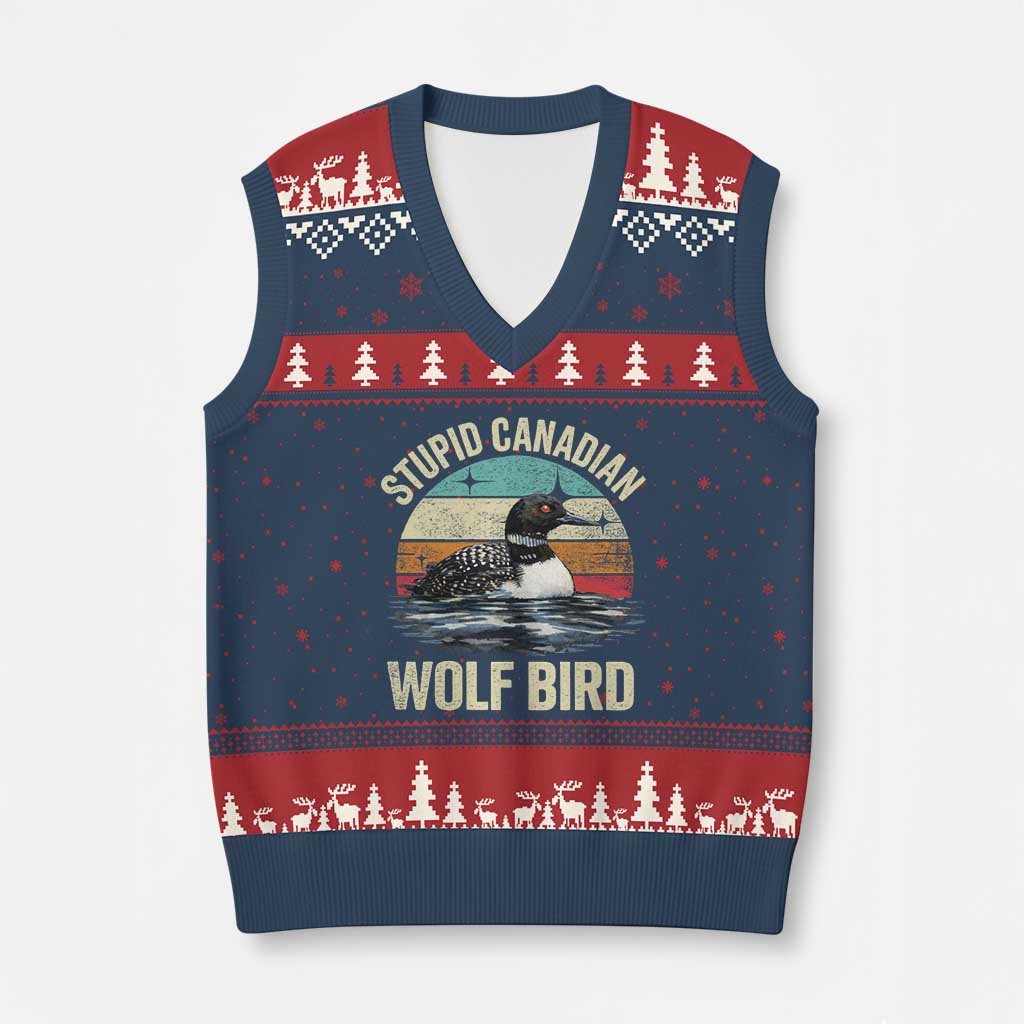 Stupid Canadian Wolf Bird V-Neck Knit Sweater Vest Funny Retro LGBT Romance Hockey Fan - Wonder Print Shop