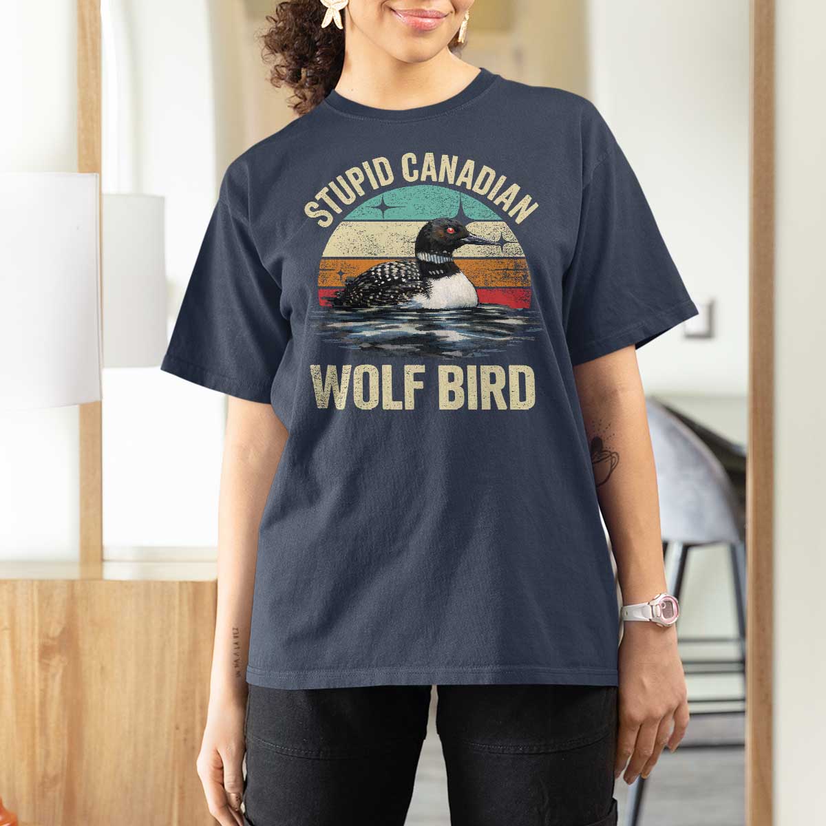 Stupid Canadian Wolf Bird T Shirt For Women Funny Retro LGBT Romance Hockey Fan - Wonder Print Shop