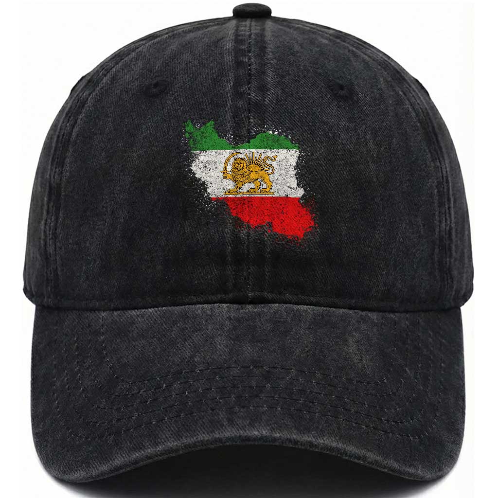 Lion and Sun Iran Washed Cotton Baseball Cap Shir o Khorshid Retro Vintage Watercolors Iran Flag