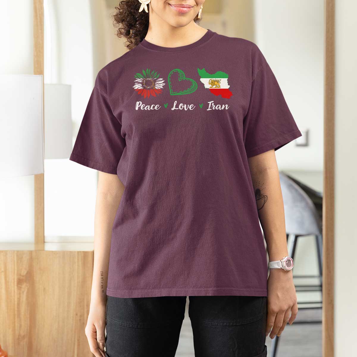 Peace Love Iran T Shirt For Women Sunflower Flag