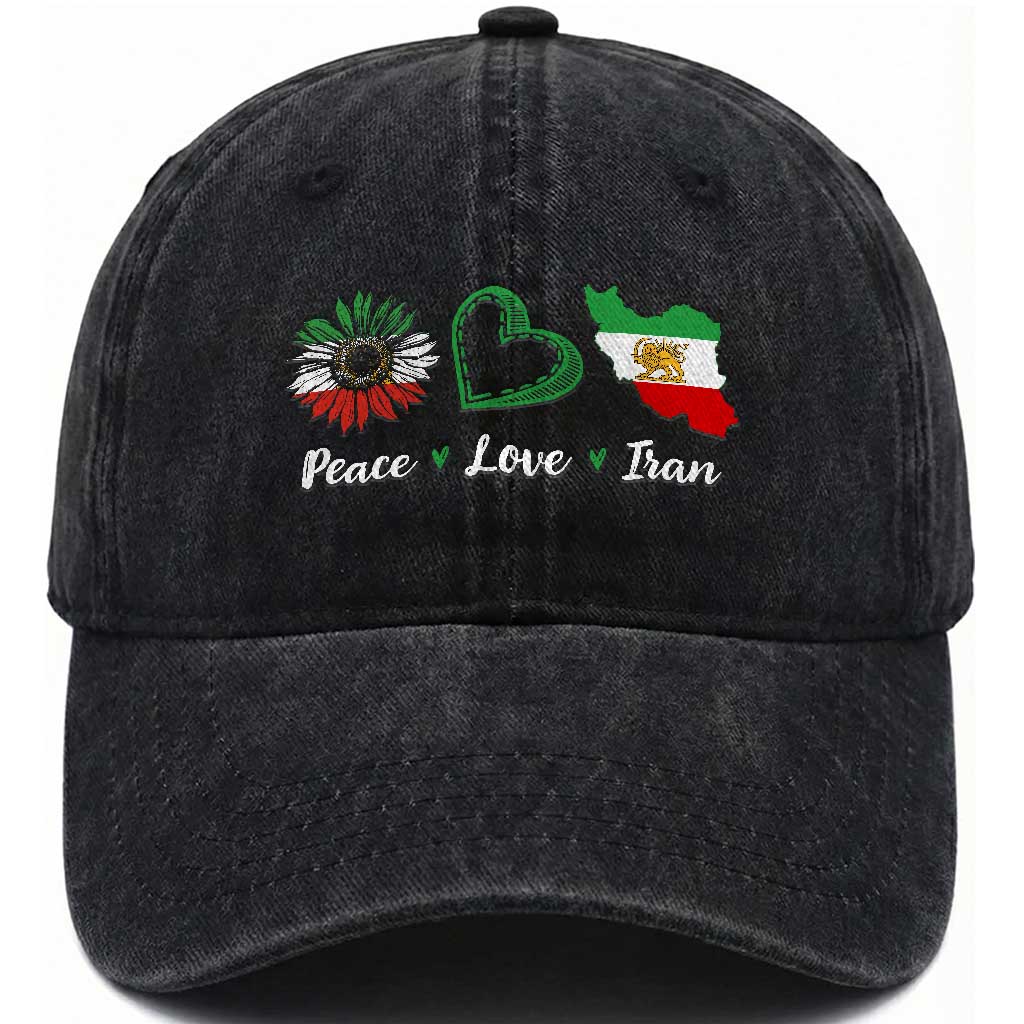 Peace Love Iran Washed Cotton Baseball Cap Sunflower Flag