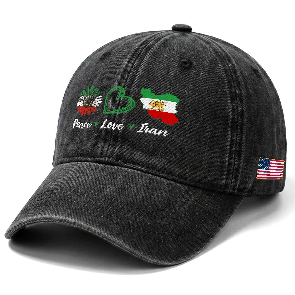 Peace Love Iran Washed Cotton Baseball Cap Sunflower Flag