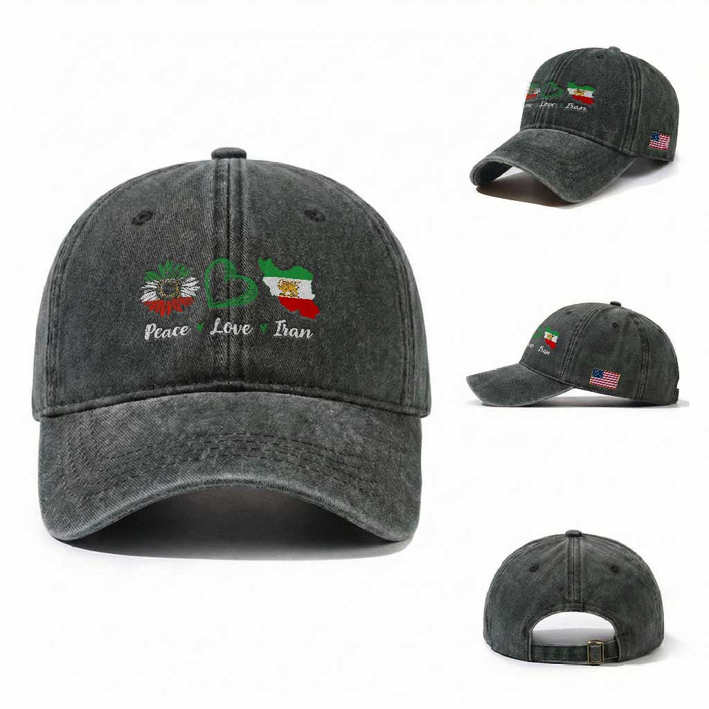 Peace Love Iran Washed Cotton Baseball Cap Sunflower Flag