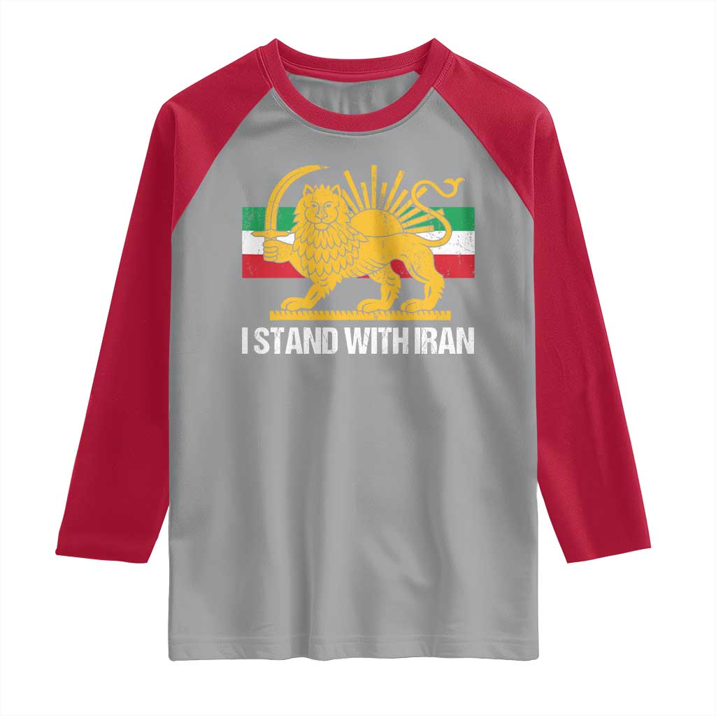 I Stand With Iran Raglan Shirt Shir o Khorshid Lion And Sun Iran Persia