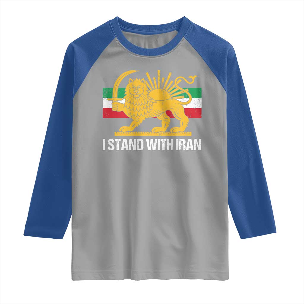 I Stand With Iran Raglan Shirt Shir o Khorshid Lion And Sun Iran Persia