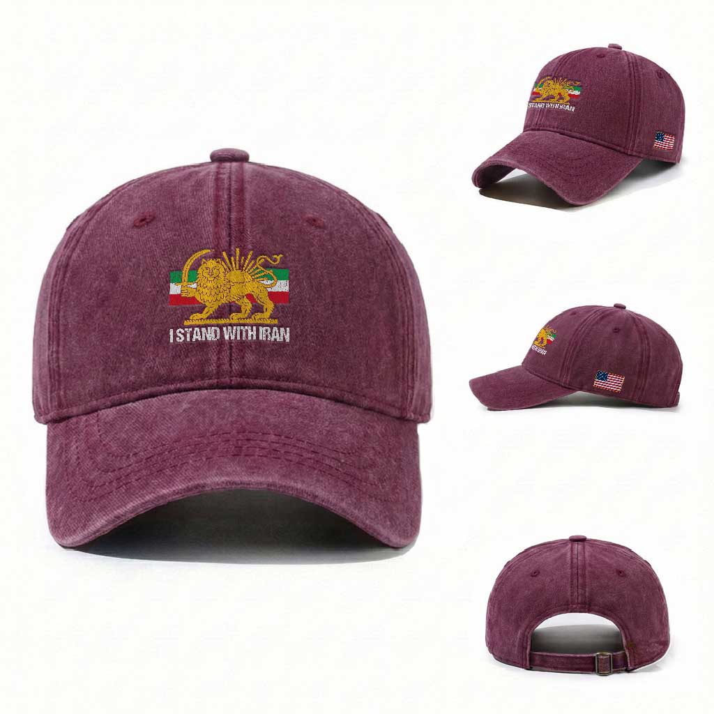 I Stand With Iran Washed Cotton Baseball Cap Shir o Khorshid Lion And Sun Iran Persia