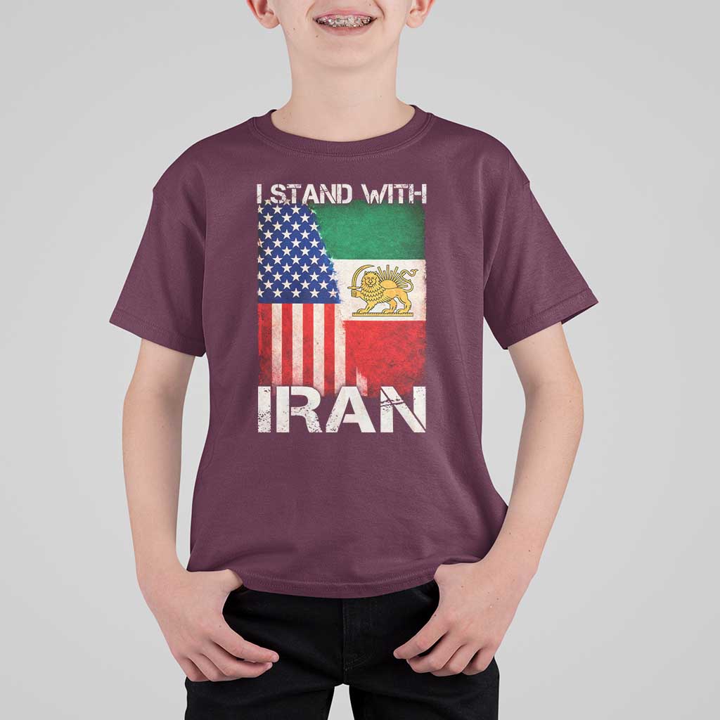 I Stand With Iran T Shirt For Kid Persian American Flag USA Persia Lion And Sun Iran