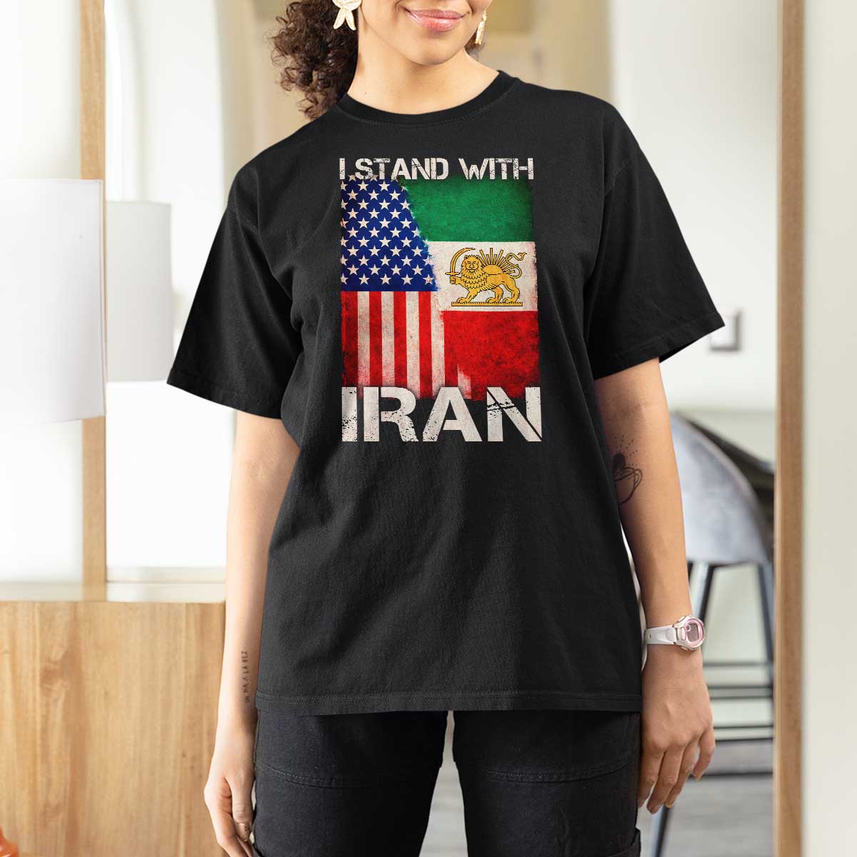 I Stand With Iran T Shirt For Women Persian American Flag USA Persia Lion And Sun Iran
