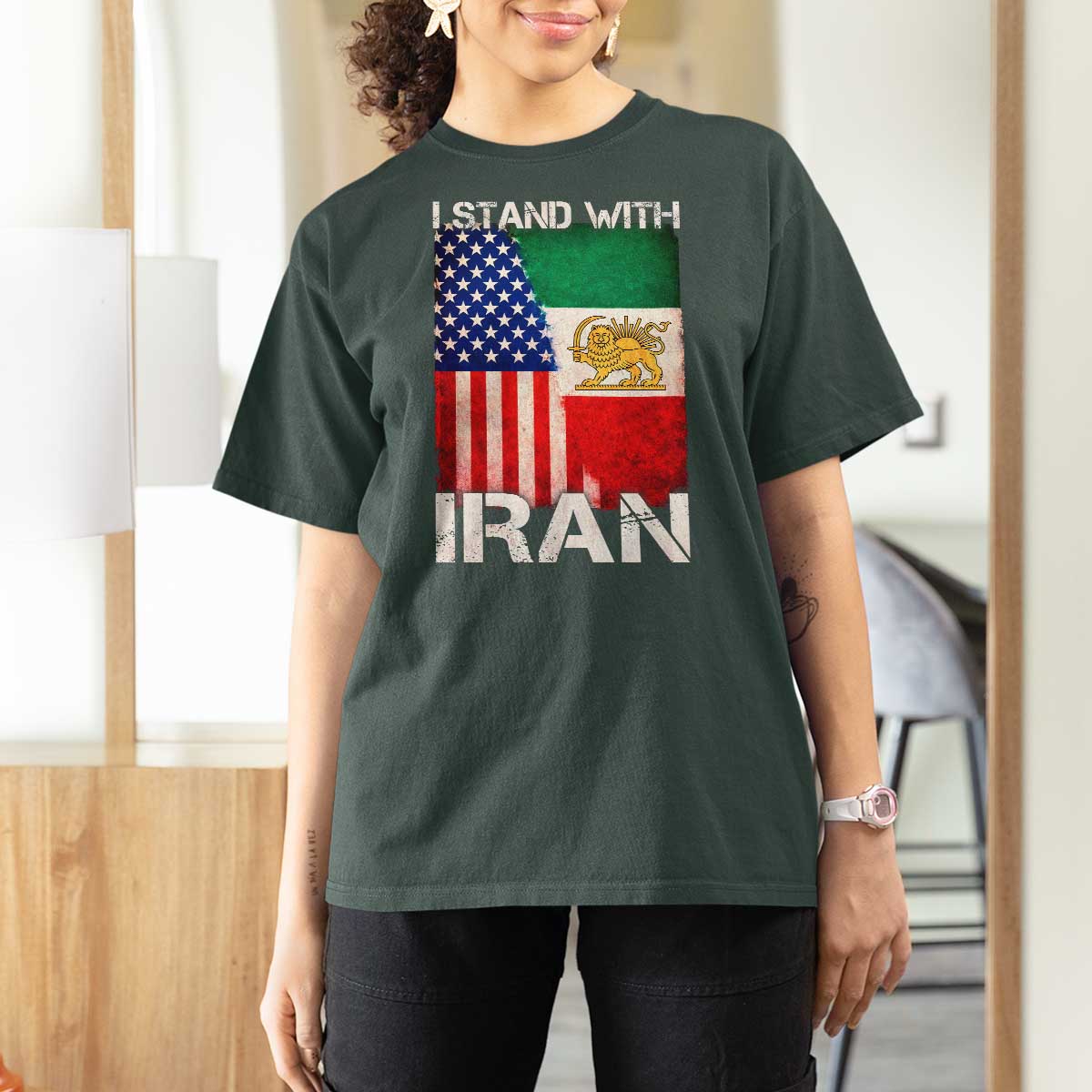I Stand With Iran T Shirt For Women Persian American Flag USA Persia Lion And Sun Iran