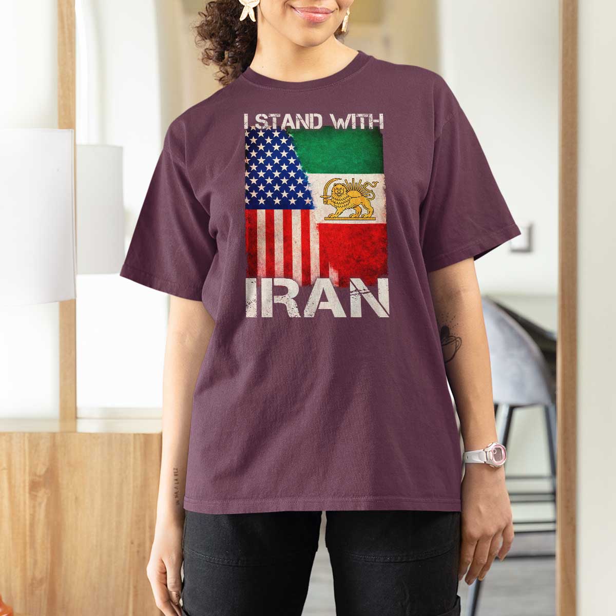 I Stand With Iran T Shirt For Women Persian American Flag USA Persia Lion And Sun Iran
