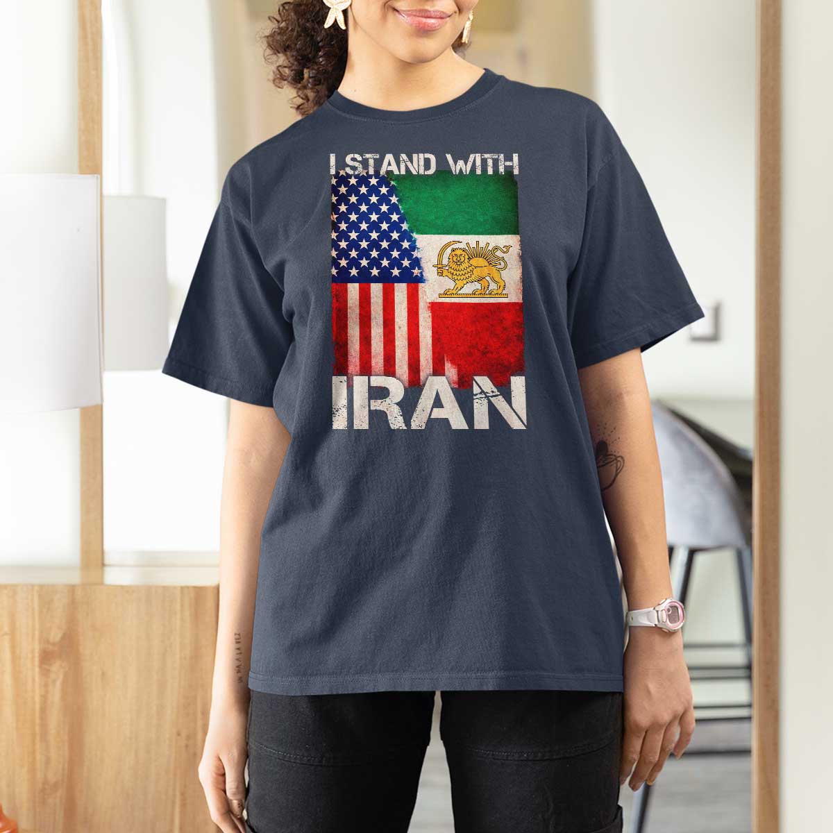 I Stand With Iran T Shirt For Women Persian American Flag USA Persia Lion And Sun Iran