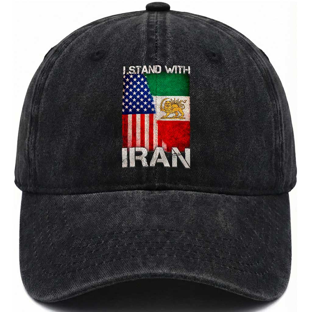 I Stand With Iran Washed Cotton Baseball Cap Persian American Flag USA Persia Lion And Sun Iran