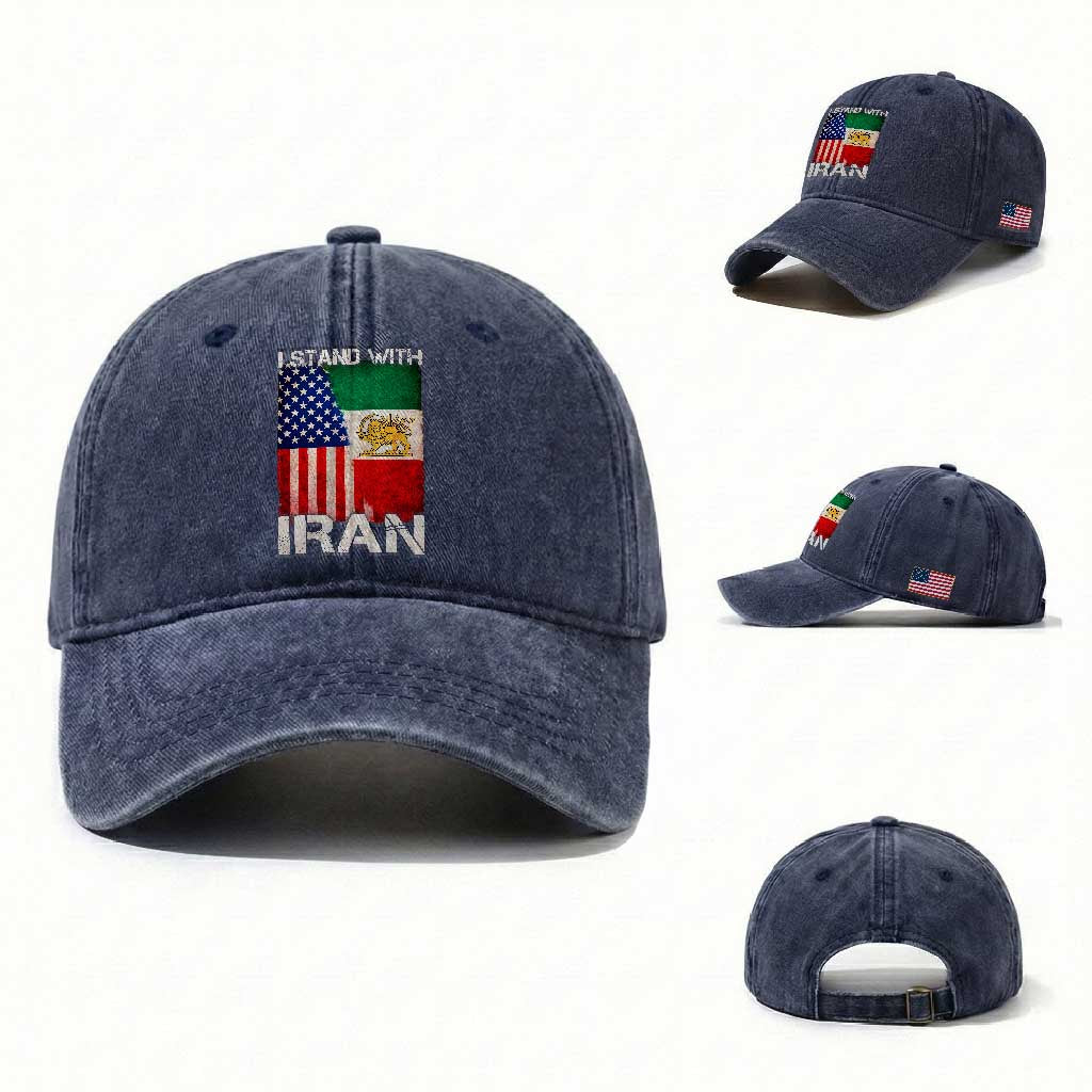 I Stand With Iran Washed Cotton Baseball Cap Persian American Flag USA Persia Lion And Sun Iran