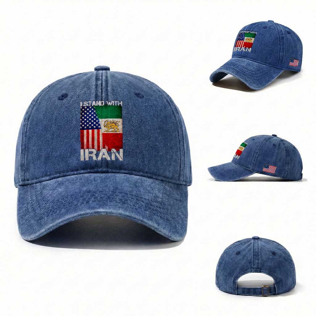I Stand With Iran Washed Cotton Baseball Cap Persian American Flag USA Persia Lion And Sun Iran