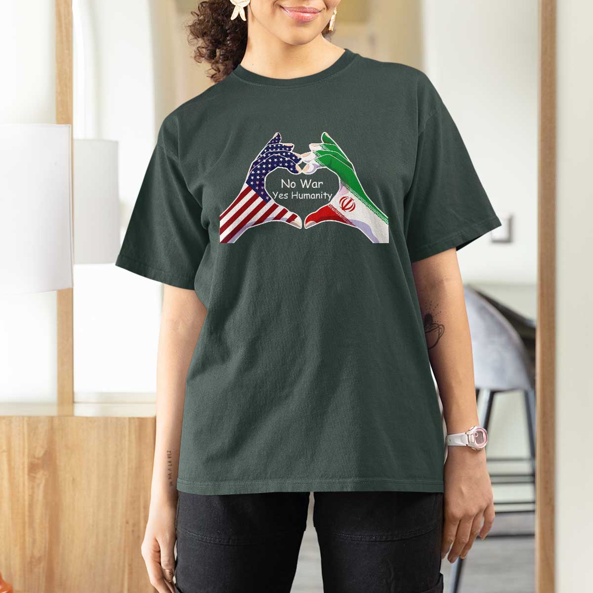 Iran T Shirt For Women No War Yes Hummanity Persian American Flag Heart Political Statement