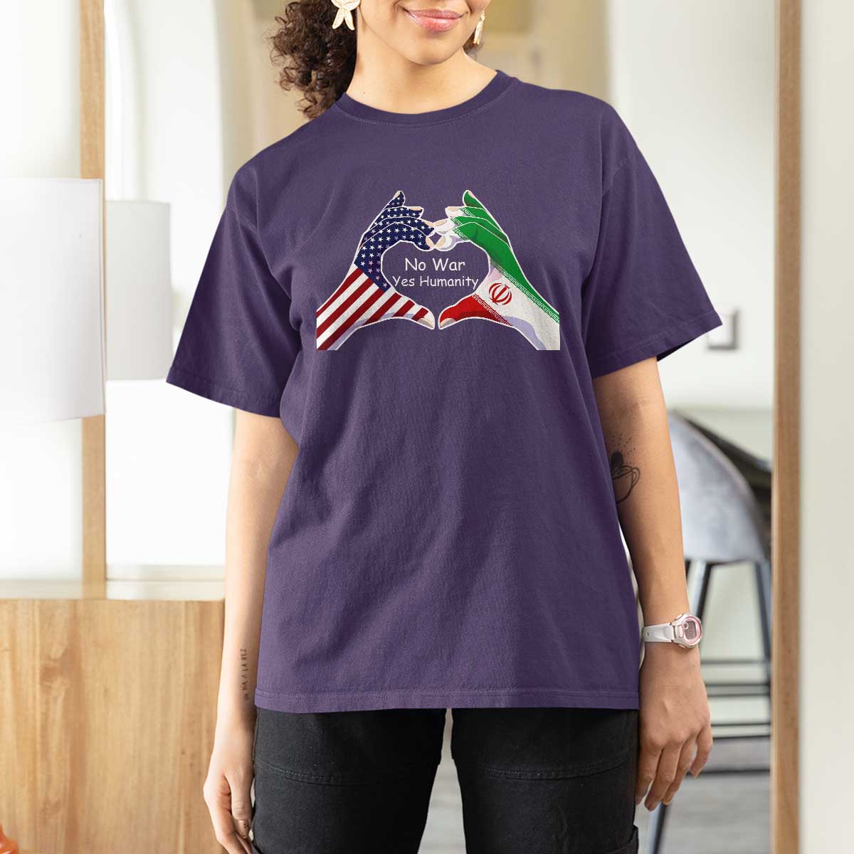 Iran T Shirt For Women No War Yes Hummanity Persian American Flag Heart Political Statement